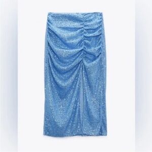 NWT Zara Blue Sequin Midi Skirt with Slit